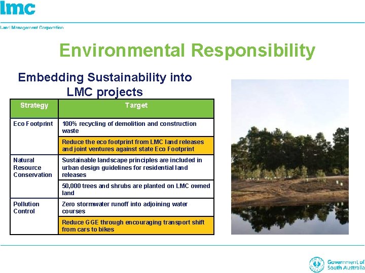 Environmental Responsibility Embedding Sustainability into LMC projects Strategy Eco Footprint Target 100% recycling of