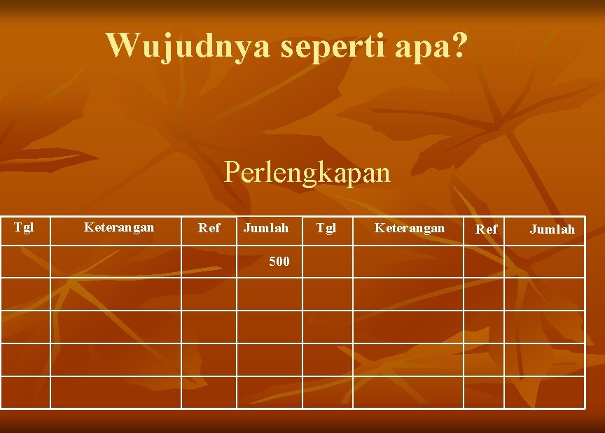 Wujudnya seperti apa? Perlengkapan Tgl Keterangan Ref Jumlah 500 Tgl Keterangan Ref Jumlah 