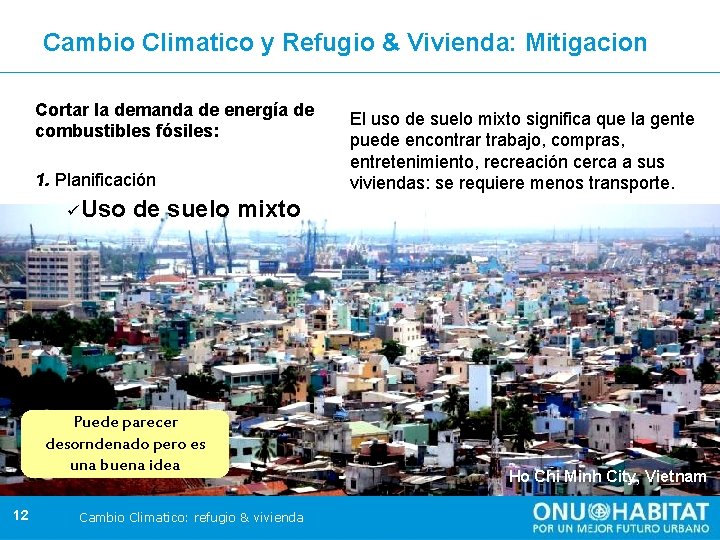 Cambio Climatico y Refugio & Vivienda: Mitigacion Cortar la demanda de energía de combustibles