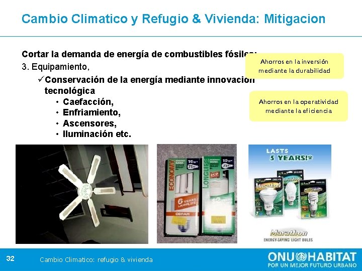 Cambio Climatico y Refugio & Vivienda: Mitigacion Cortar la demanda de energía de combustibles