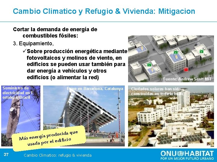 Cambio Climatico y Refugio & Vivienda: Mitigacion Cortar la demanda de energía de combustibles