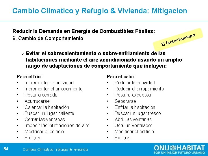 Cambio Climatico y Refugio & Vivienda: Mitigacion Reducir la Demanda en Energía de Combustibles