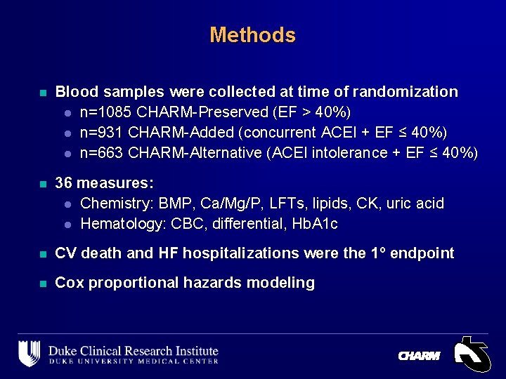 Methods n Blood samples were collected at time of randomization l n=1085 CHARM-Preserved (EF