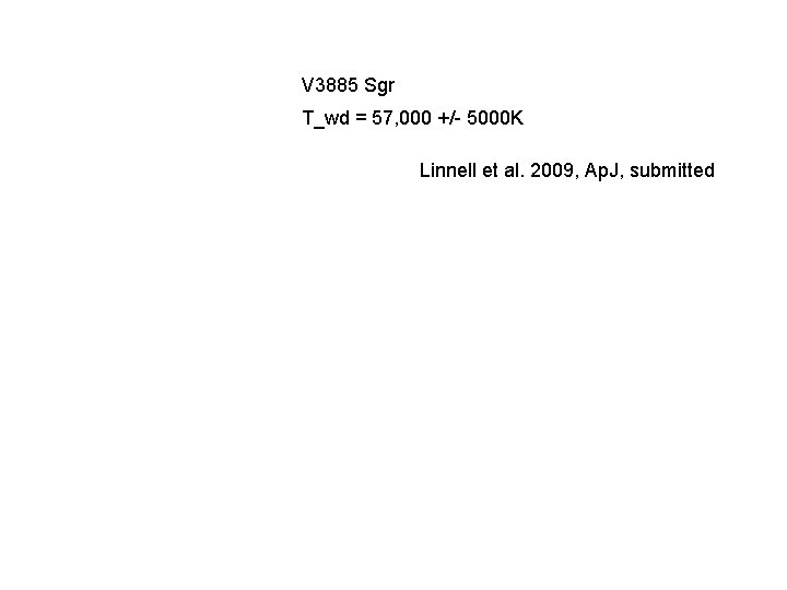 V 3885 Sgr T_wd = 57, 000 +/- 5000 K Linnell et al. 2009, V 3885 Sgr T_wd = 57, 000 +/- 5000 K Linnell et al. 2009,