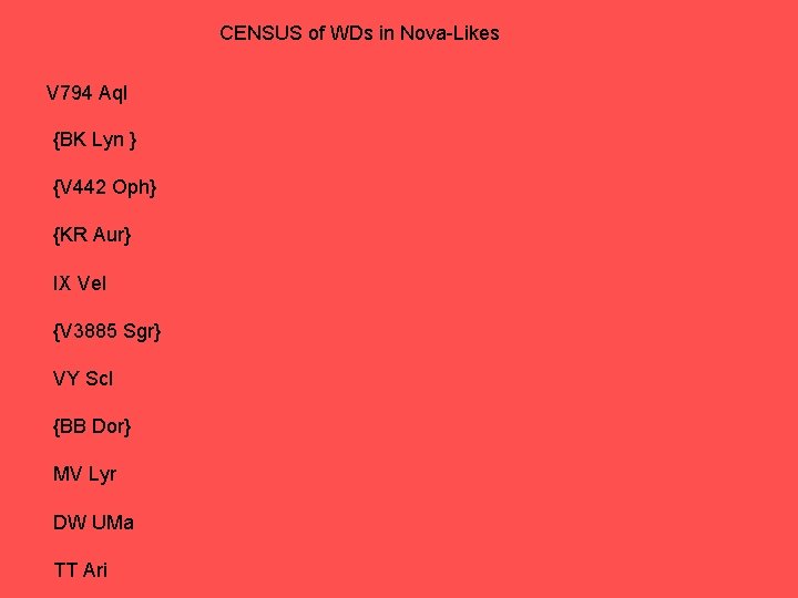 CENSUS of WDs in Nova-Likes V 794 Aql {BK Lyn } {V 442 Oph} CENSUS of WDs in Nova-Likes V 794 Aql {BK Lyn } {V 442 Oph}