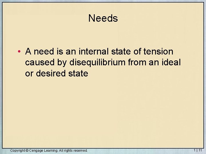 Needs • A need is an internal state of tension caused by disequilibrium from