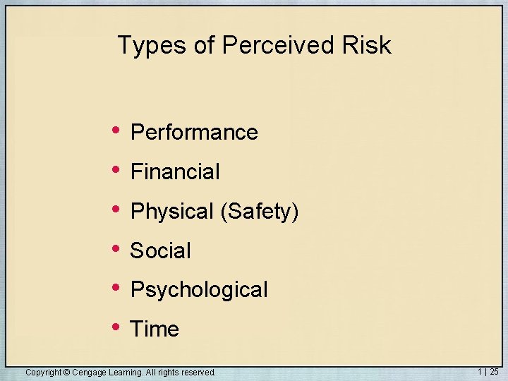 Types of Perceived Risk • • • Performance Financial Physical (Safety) Social Psychological Time