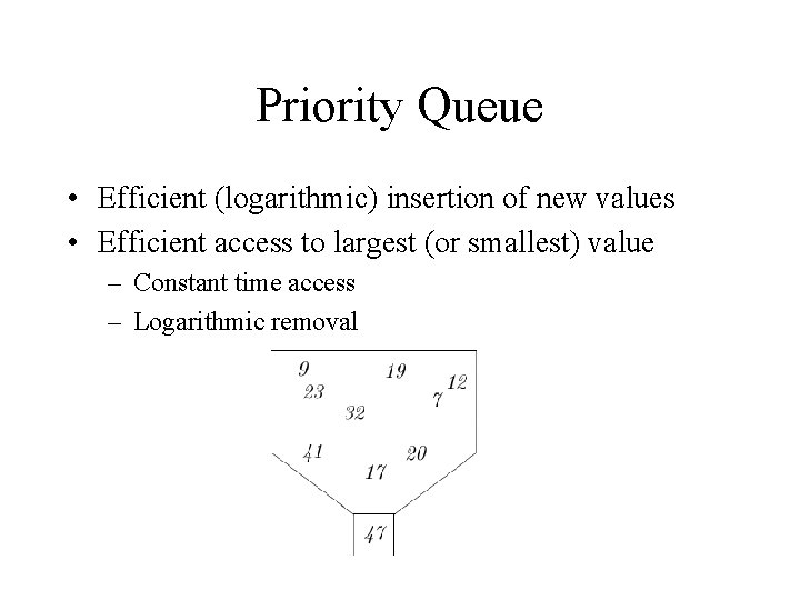 Priority Queue • Efficient (logarithmic) insertion of new values • Efficient access to largest