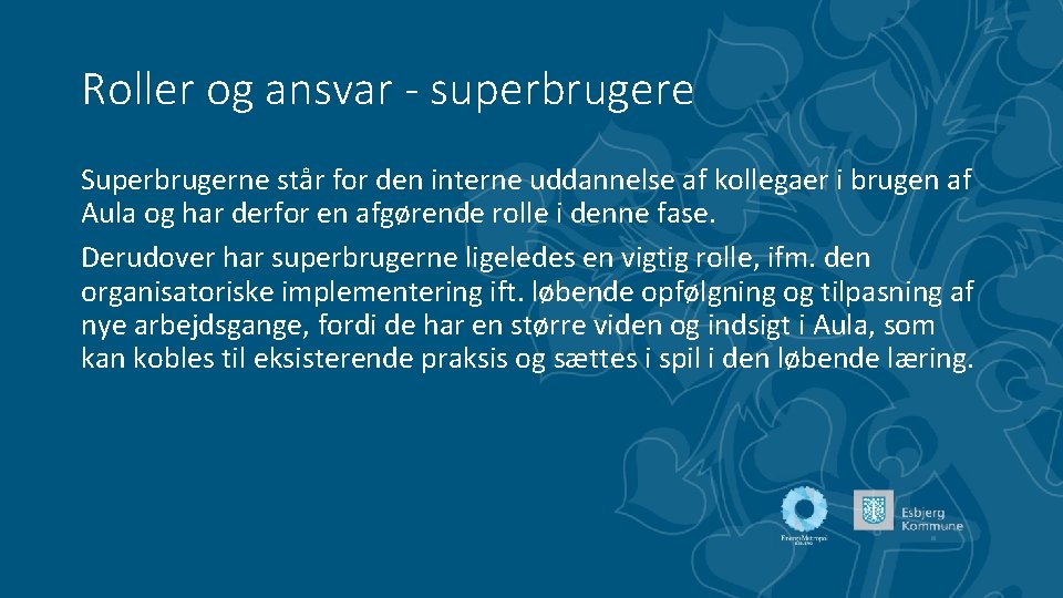 Roller og ansvar - superbrugere Superbrugerne står for den interne uddannelse af kollegaer i