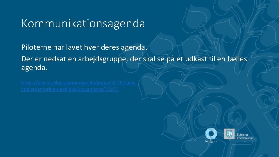 Kommunikationsagenda Piloterne har lavet hver deres agenda. Der er nedsat en arbejdsgruppe, der skal