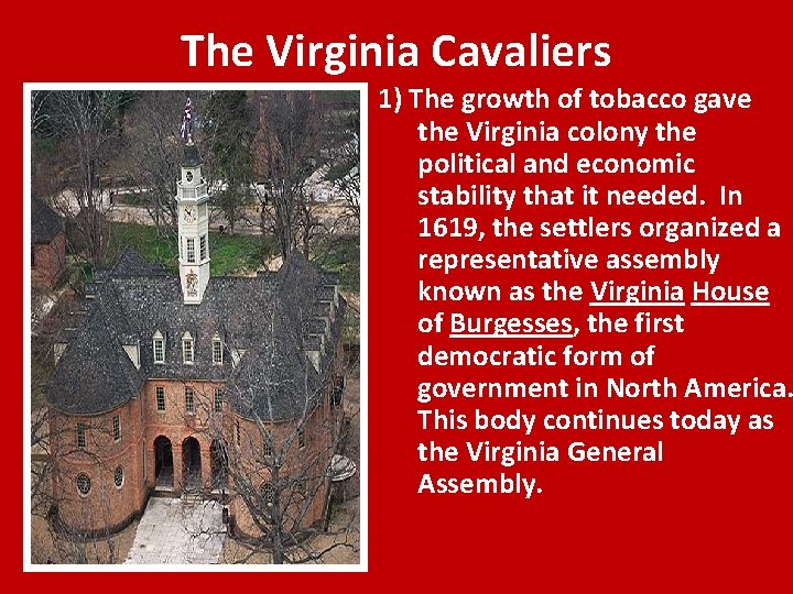 The Virginia Cavaliers 1) The growth of tobacco gave the Virginia colony the political