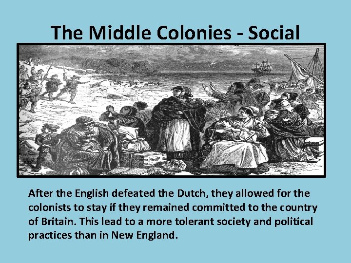 The Middle Colonies - Social After the English defeated the Dutch, they allowed for
