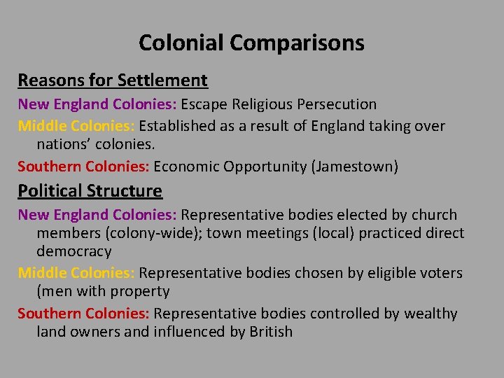 Colonial Comparisons Reasons for Settlement New England Colonies: Escape Religious Persecution Middle Colonies: Established