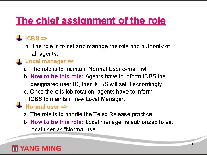 The chief assignment of the role l ICBS => a. The role is to