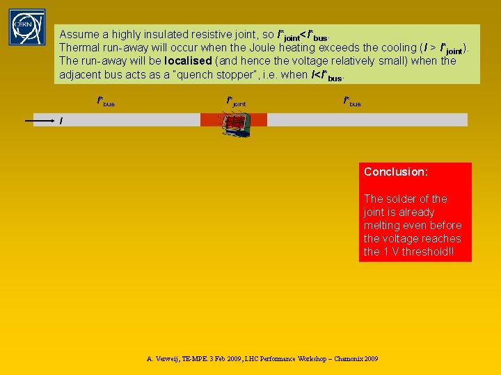 Assume a highly insulated resistive joint, so I*joint<I*bus. Thermal run-away will occur when the