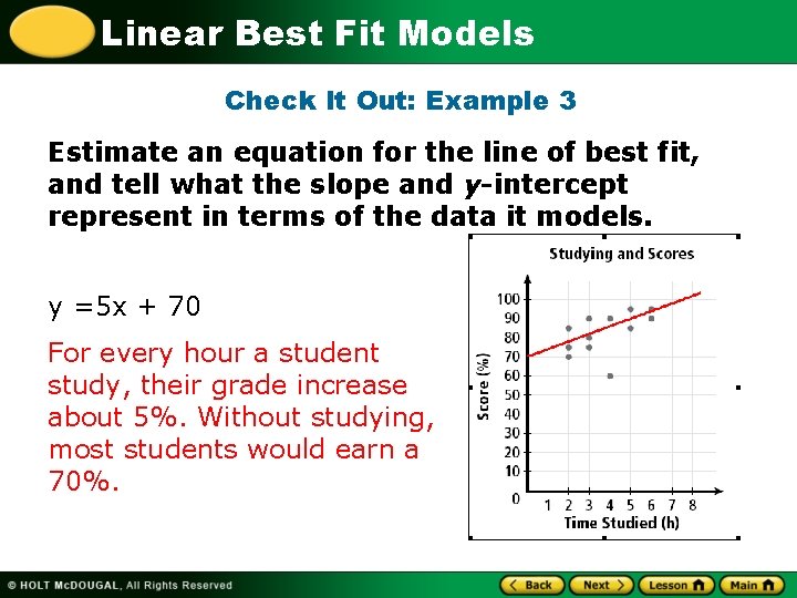 Linear Best Fit Models Check It Out: Example 3 Estimate an equation for the