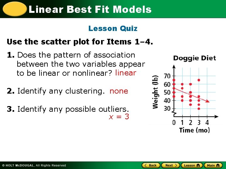Linear Best Fit Models Lesson Quiz Use the scatter plot for Items 1– 4.