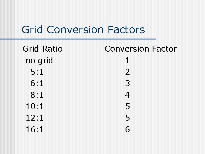 Grid Conversion Factors Grid Ratio no grid 5: 1 6: 1 8: 1 10: