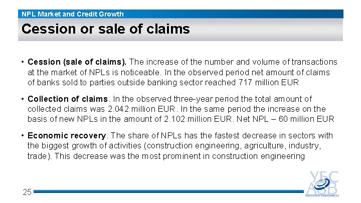 NPL Market and Credit Growth Cession or sale of claims • Cession (sale of