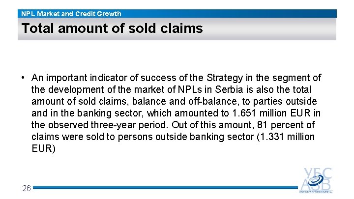 NPL Market and Credit Growth Total amount of sold claims • An important indicator