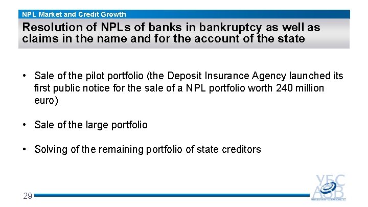 NPL Market and Credit Growth Resolution of NPLs of banks in bankruptcy as well
