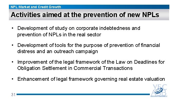 NPL Market and Credit Growth Activities aimed at the prevention of new NPLs •