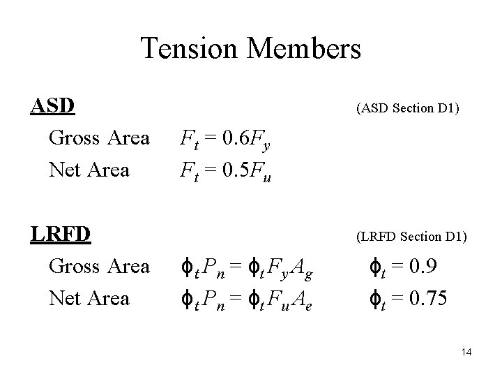 Tension Members ASD Gross Area Net Area LRFD Gross Area Net Area (ASD Section