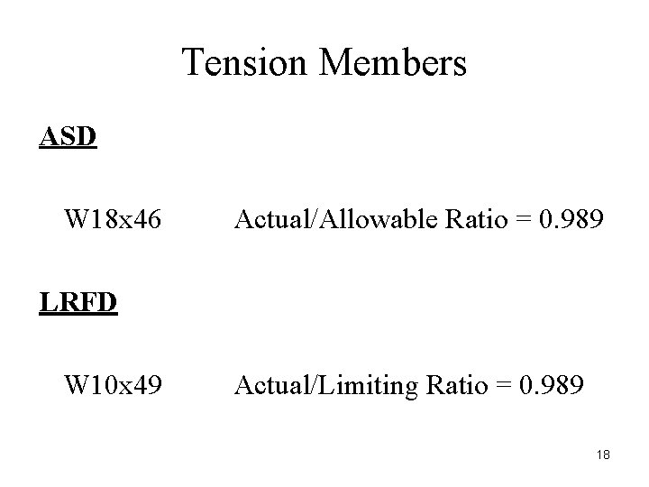 Tension Members ASD W 18 x 46 Actual/Allowable Ratio = 0. 989 LRFD W