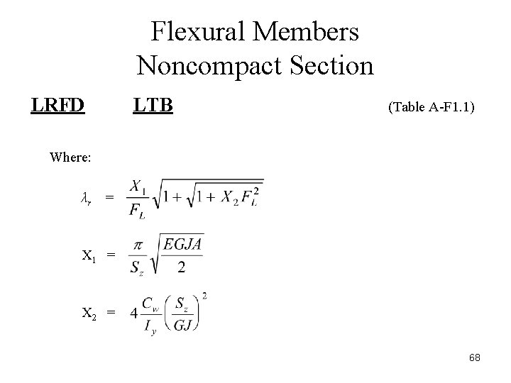 Flexural Members Noncompact Section LRFD LTB (Table A-F 1. 1) Where: λr = X