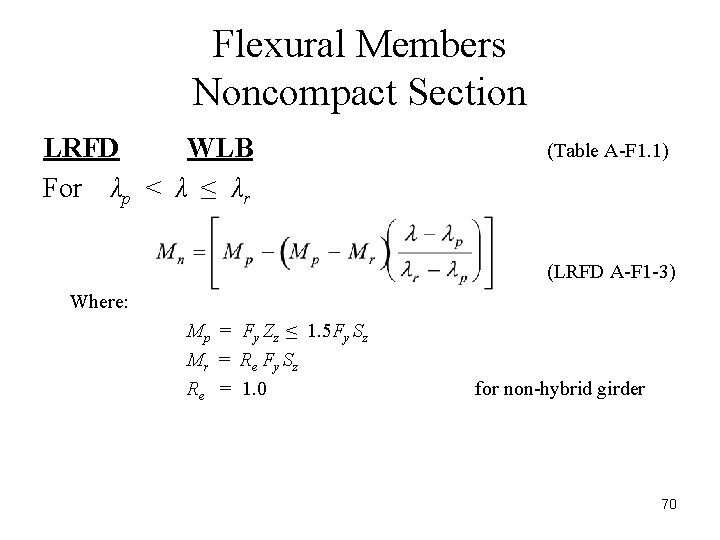 Flexural Members Noncompact Section LRFD WLB For λp < λ ≤ λr (Table A-F