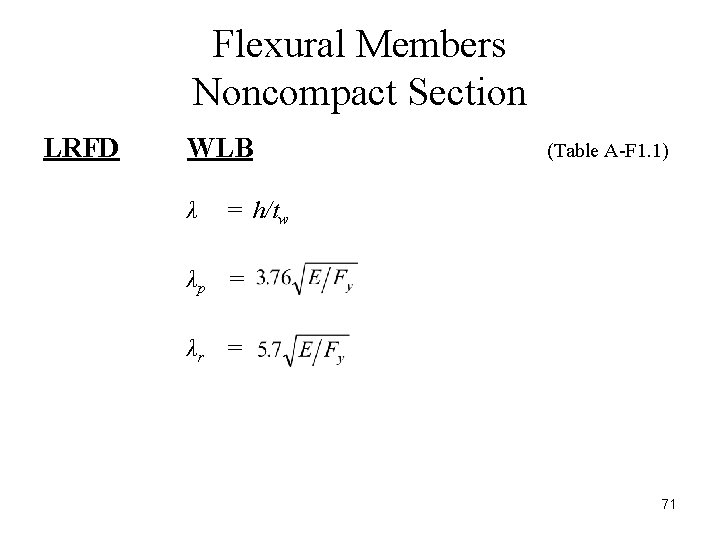 Flexural Members Noncompact Section LRFD WLB λ (Table A-F 1. 1) = h/tw λp