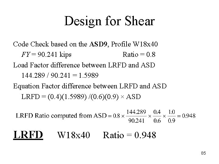 Design for Shear Code Check based on the ASD 9, Profile W 18 x