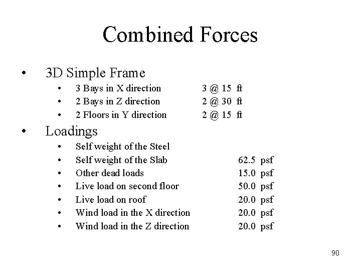 Combined Forces • 3 D Simple Frame • • 3 Bays in X direction