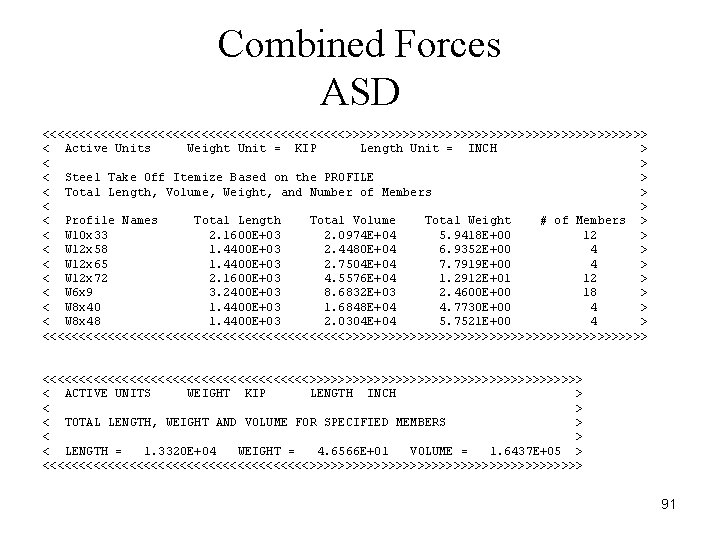 Combined Forces ASD <<<<<<<<<<<<<<<<<<<<<>>>>>>>>>>>>>>>>>>>>> < Active Units Weight Unit = KIP Length Unit =