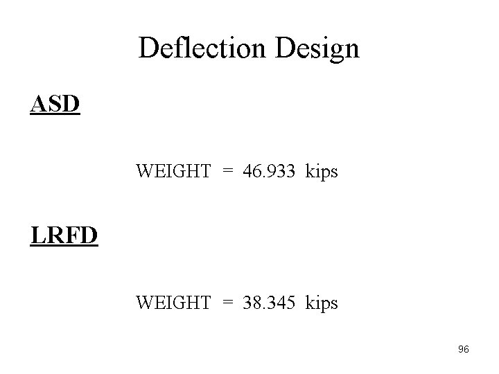 Deflection Design ASD WEIGHT = 46. 933 kips LRFD WEIGHT = 38. 345 kips