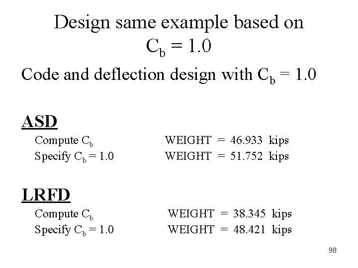Design same example based on Cb = 1. 0 Code and deflection design with