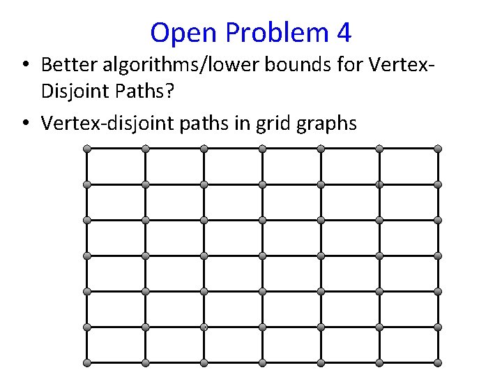 Open Problem 4 • Better algorithms/lower bounds for Vertex. Disjoint Paths? • Vertex-disjoint paths