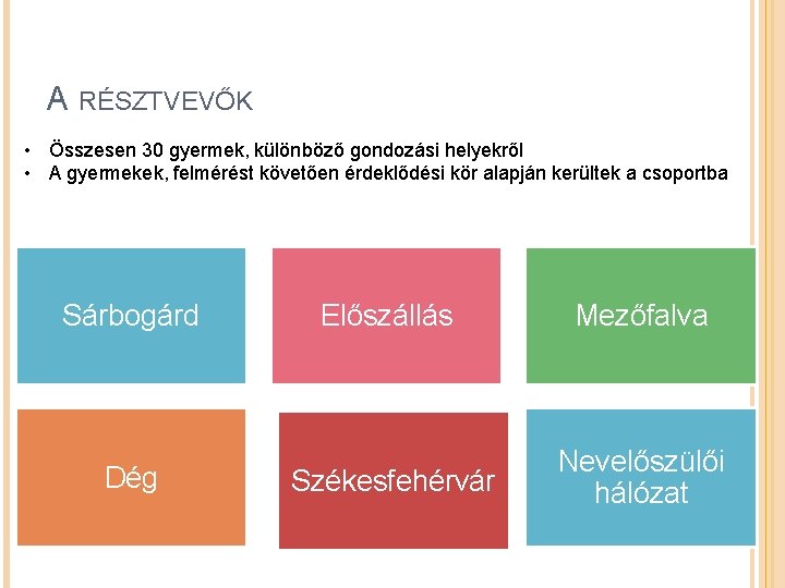 A RÉSZTVEVŐK • Összesen 30 gyermek, különböző gondozási helyekről • A gyermekek, felmérést követően