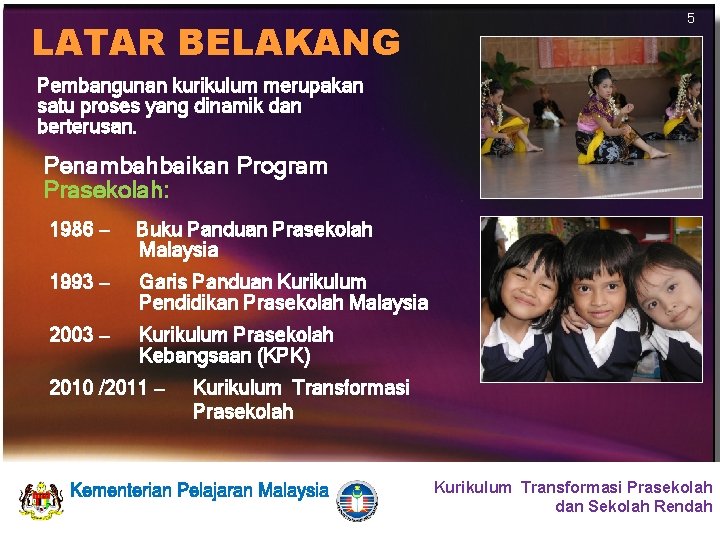 LATAR BELAKANG 5 Pembangunan kurikulum merupakan satu proses yang dinamik dan berterusan. Penambahbaikan Program