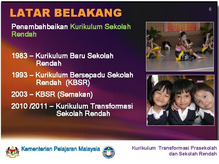 LATAR BELAKANG 6 Penambahbaikan Kurikulum Sekolah Rendah 1983 – Kurikulum Baru Sekolah Rendah 1993