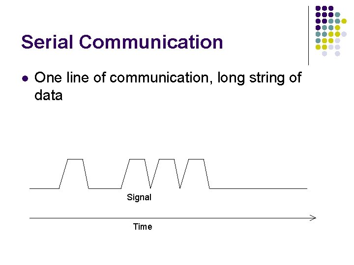 Serial Communication l One line of communication, long string of data Signal Time 