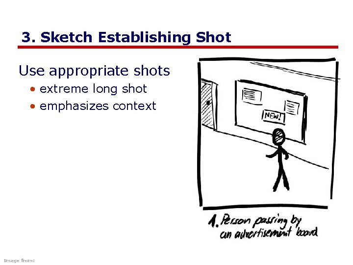 3. Sketch Establishing Shot Use appropriate shots • extreme long shot • emphasizes context