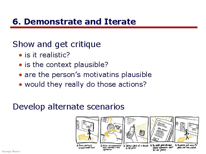 6. Demonstrate and Iterate Show and get critique • • is it realistic? is