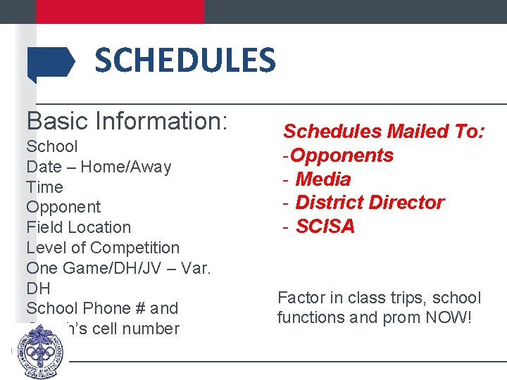 SCHEDULES Basic Information: School Date – Home/Away Time Opponent Field Location Level of Competition