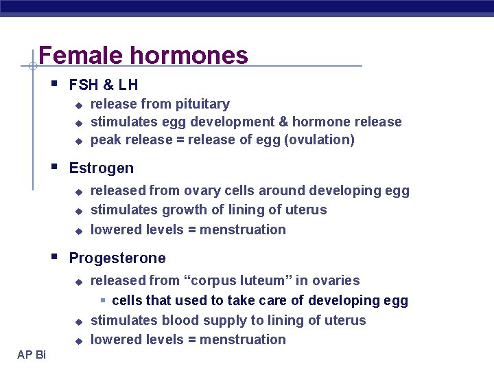 Female hormones § FSH & LH u u u release from pituitary stimulates egg