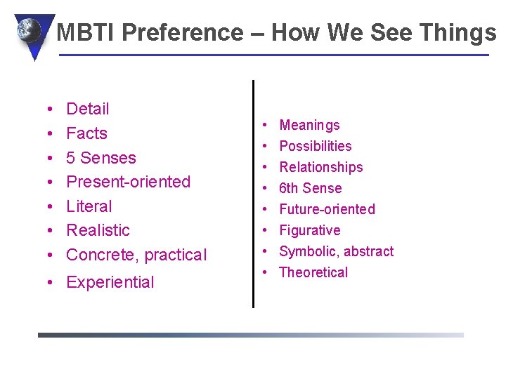MBTI Preference – How We See Things • • Detail Facts 5 Senses Present-oriented