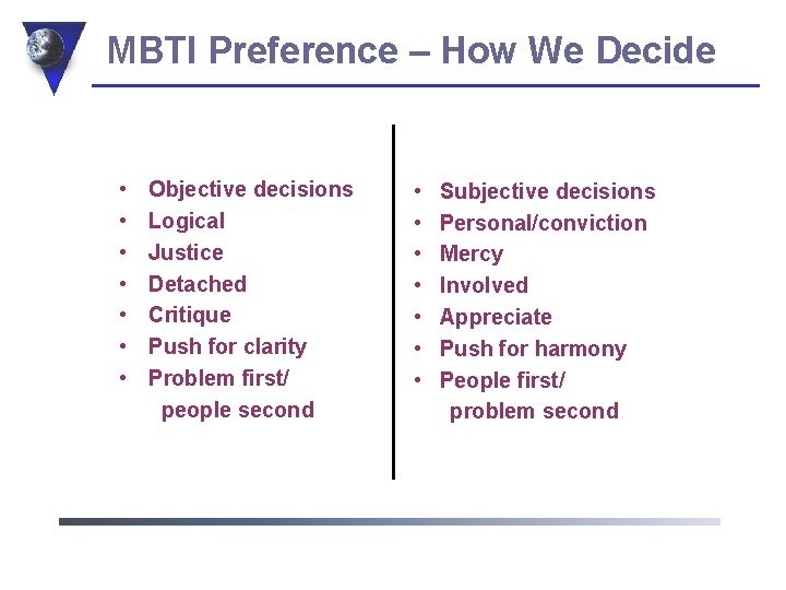 MBTI Preference – How We Decide • • Objective decisions Logical Justice Detached Critique