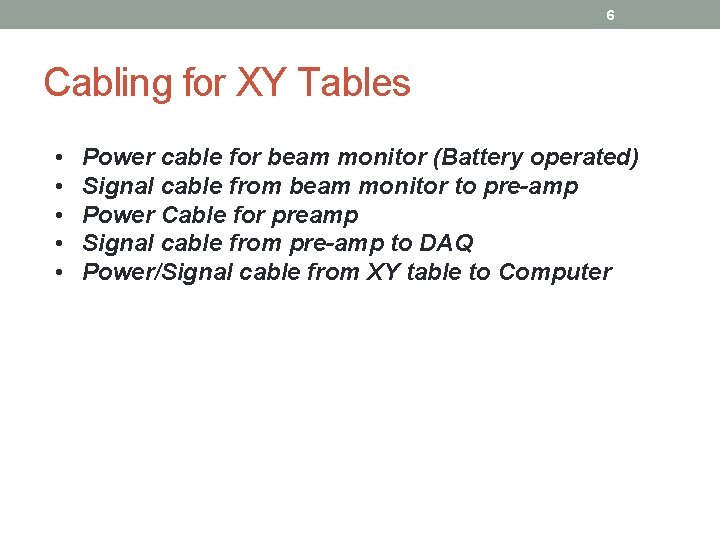6 Cabling for XY Tables • • • Power cable for beam monitor (Battery
