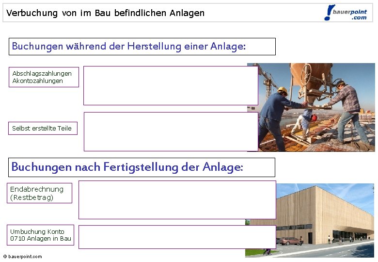 Verbuchung von im Bau befindlichen Anlagen Buchungen während der Herstellung einer Anlage: Abschlagszahlungen Akontozahlungen