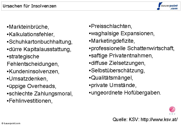 Ursachen für Insolvenzen • Markteinbrüche, • Kalkulationsfehler, • Schuhkartonbuchhaltung, • dürre Kapitalausstattung, • strategische